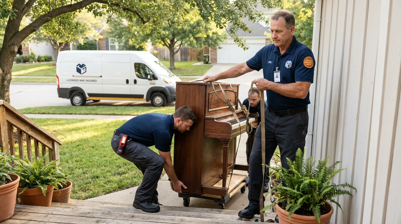 Licensed piano movers securing grand piano in Pawhuska, OK