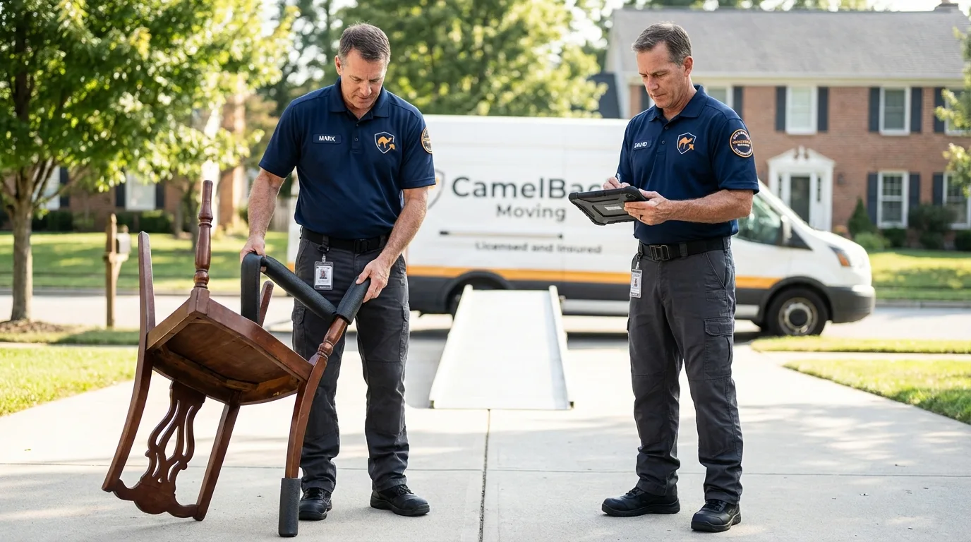 Movers inspecting furniture for damage prevention before loading in Pawhuska, OK