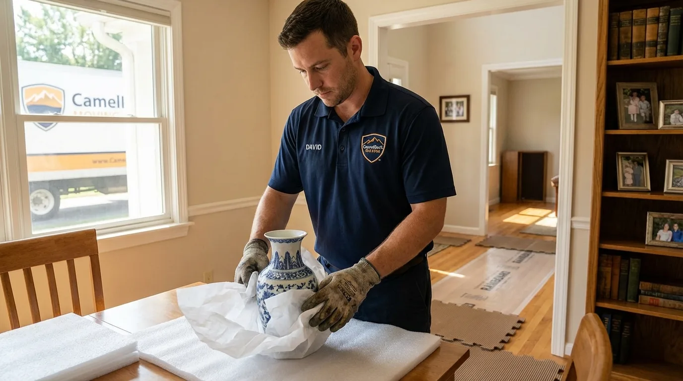 Professional crew carefully wrapping antique vase for senior downsizing move in Pawhuska, OK